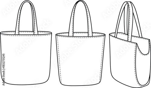 Three views of a white canvas tote bag with handles and stitched seams stitching