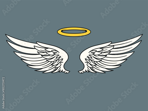 Angel wings, angel feather wing with golden nimbus. Holy elements