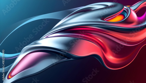 A stylized, abstract representation of a futuristic, metallic object with flowing lines and vibrant accent colors.