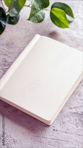 A blank notebook lies on a textured surface, with green leaves in the background, creating a minimalist and natural composition.