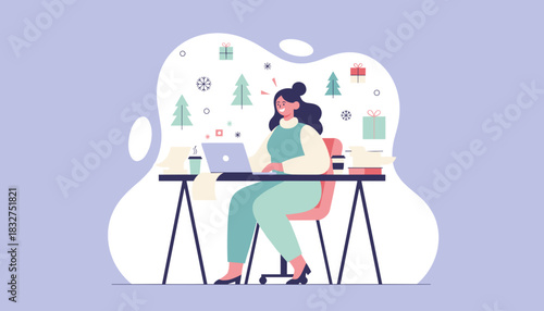 Professional woman working on laptop at a festive winter desk Holiday business and productivity