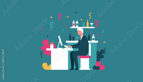 Businessman working on laptop during an office party with bar and confetti illustration
