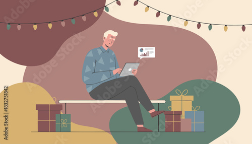 Senior citizen using tablet for holiday shopping and data analysis with gifts
