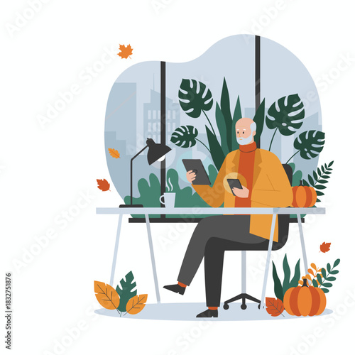 Senior man using tablet and phone at a modern autumn desk overlooking city technology and lifestyle