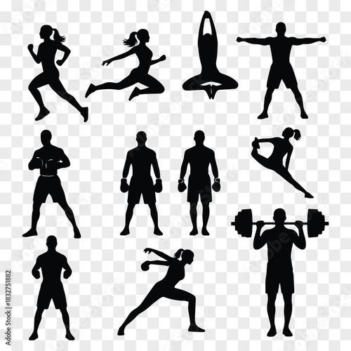 Set of people silhouettes doing various sports and fitness activities