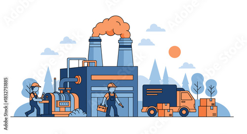Industrial factory production workers manage machines and ship goods using a logistics truck