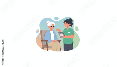 Nurse consulting with a senior patient about her schedule using a tablet for home healthcare