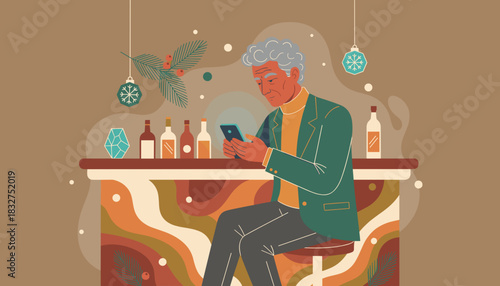 Senior man using a smartphone at a festive retro bar during the winter holidays