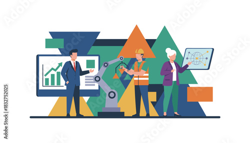 Business leaders and engineer manage growth robotics and global technology strategy