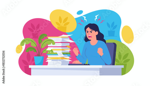 Business woman stressed by paperwork overload concept of deadline anger and burnout