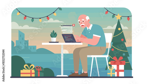 Stressed senior programmer works on laptop outdoors during the Christmas holiday season