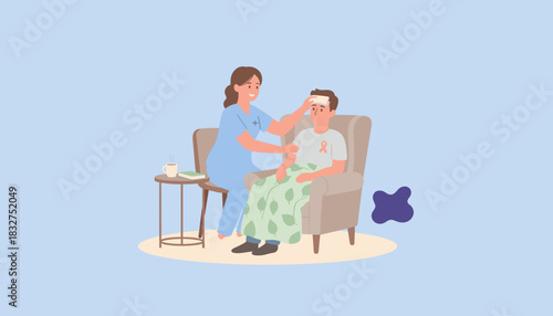 Caregiver helps a recovering patient in an armchair showing home healthcare and medical support