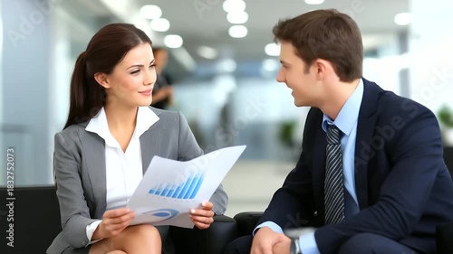A manager and an employee, having a performance review, looking at a printed report with charts, formal meeting, professional, constructive