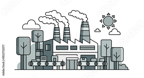 Manufacturing plant vector illustration showing conveyor belts pollution and the environment