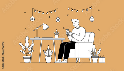 Relaxed man uses a smartphone in a cozy decorated interior space Digital communication and leisure