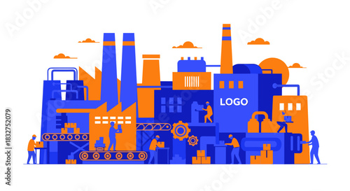 Factory production line illustration showing workers manufacturing and industrial supply chain operations