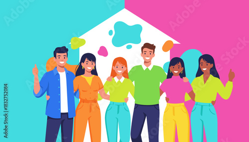 Happy diverse friends embracing near a colorful house representing community real estate and unity