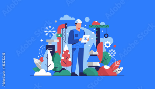 Worker uses a tablet to manage industrial winter cooling or heating processes