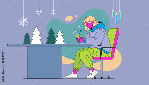 Woman on phone at a desk decorated for winter holidays Digital communication and modern lifestyle