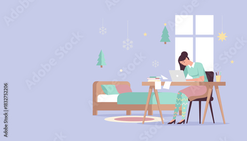 Remote worker using laptop at a decorated desk in a cozy winter room setting