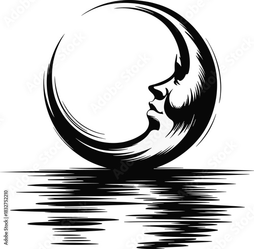 Crescent moon with human face reflection, surreal celestial silhouette vector, CAD drawing flat vector illustration, poetic night icon
