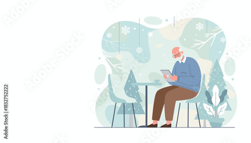 Senior man using a digital tablet in a cozy cafe with a winter backdrop Leisure and technology