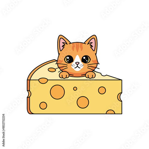 Cute red kitten peeking out from piece of swiss cheese vector design