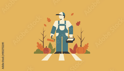 Tradesman in overalls holds a paint roller in an autumn setting with pumpkins and fall leaves