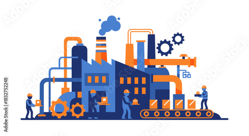 Detailed industrial factory illustration Workers operate the production line symbolizing industry and manufacturing