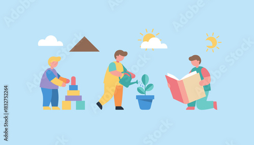 Development activities reading building and nurturing plant growth Education illustration