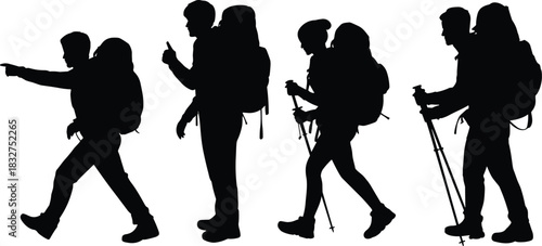 Hiking group silhouette with trekking poles, outdoor adventure teamwork vector, CAD drawing flat vector illustration, leadership gesture pose