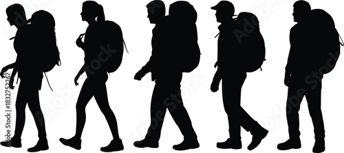Hiking backpacker silhouettes walking in line, outdoor adventure vector, travel gear pose, CAD drawing flat vector illustration