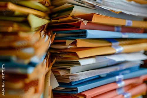 Messy workplace showing lack of organization with colorful folders and paperwork piled high