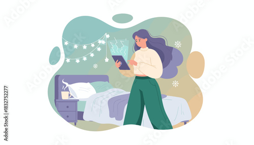 Worried woman using a malfunctioning tablet in her cozy winter bedroom