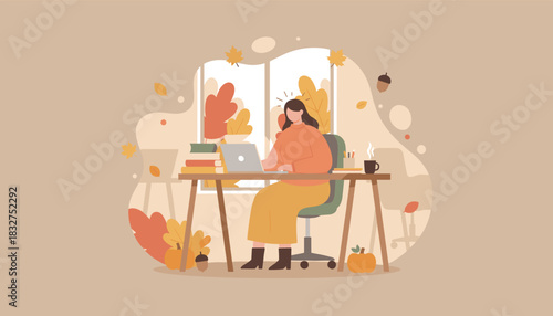 Woman working on laptop at home office desk embracing cozy autumn remote work illustration
