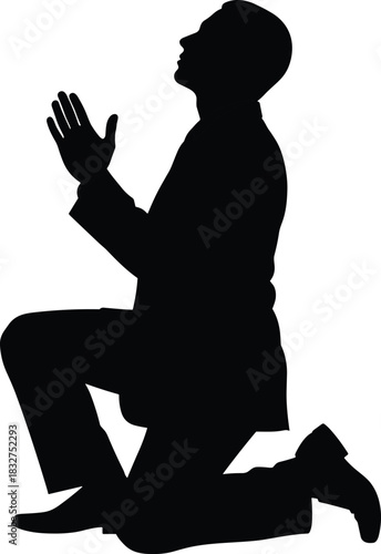 Kneeling person silhouette, praying gesture, spiritual devotion pose, black vector art, CAD drawing flat vector illustration
