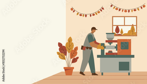 Artisan working industrial machine decorated for Fall Small business production concept