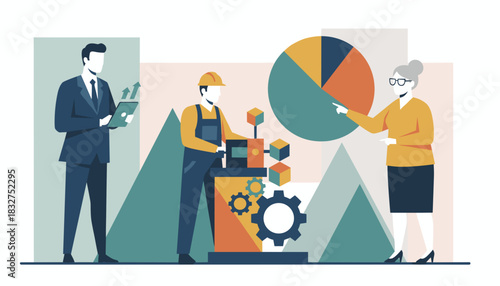 Business team analyzing production data strategy and industrial process illustration