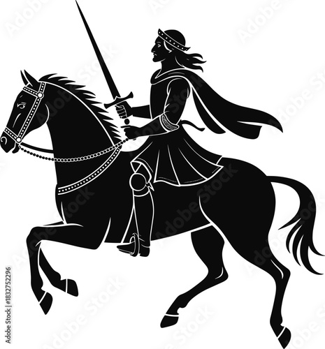 Medieval knight on horseback silhouette with sword and crown, heroic warrior vector, CAD drawing flat vector illustration