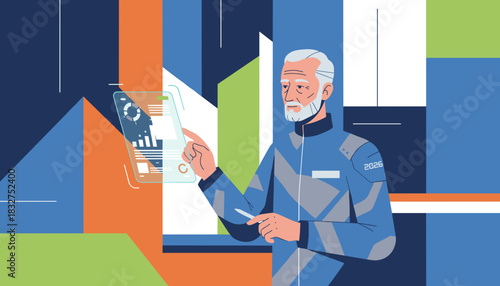 Mature man interacts with futuristic data analysis on a transparent digital screen