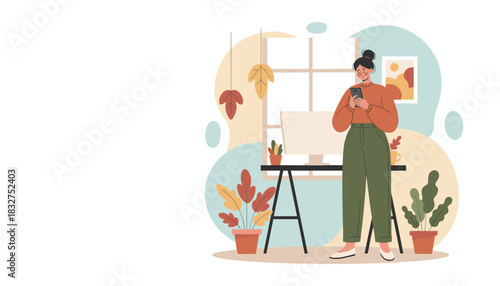 Woman using smartphone at her modern home office desk Remote work and connection