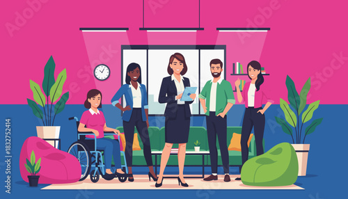 Diverse professional team collaborating in a modern office promoting inclusion and success
