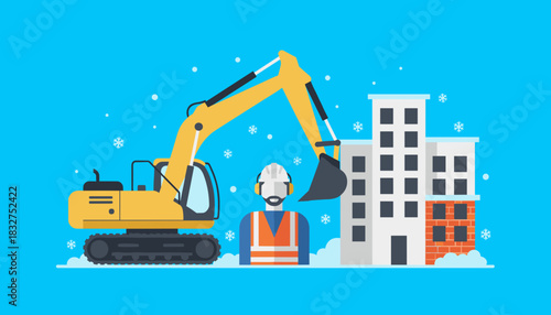 Flat vector illustration of an excavator builder and city buildings during winter construction or demolition
