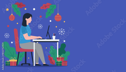 Woman working remotely on a computer surrounded by Christmas holiday decorations and gifts
