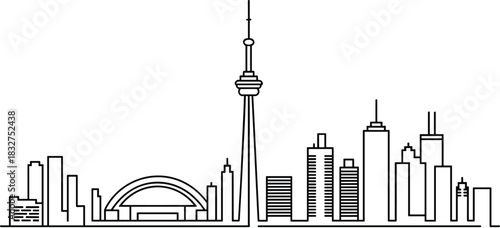 Toronto city skyline silhouette, CN Tower and Rogers Centre landmarks, urban architecture vector, CAD drawing flat vector illustration