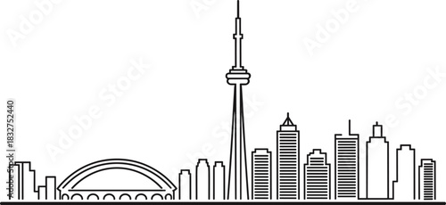 Toronto skyline line drawing, CN Tower and Rogers Centre silhouette, urban architecture vector, CAD drawing flat vector illustration