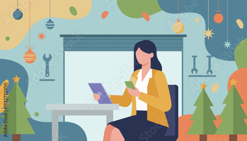 Business professional uses digital devices in a stylized festive office setting blending work and holidays