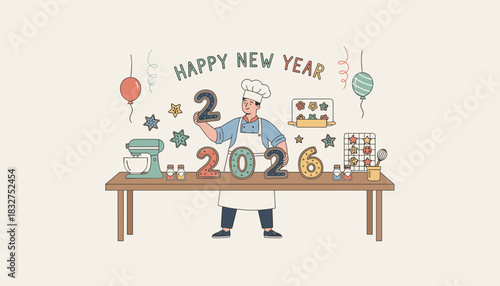 Happy New Year 2026 illustration Chef baking festive date cookies and holding a number two