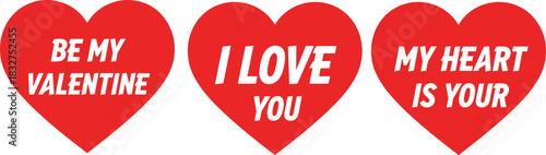 Valentine heart messages, romantic red love symbols, bold white text vector, I love you, CAD drawing flat vector illustration