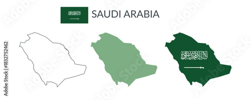 Saudi Arabia geographical borders isolated on white background. Flag of Saudi Arabia. Vector flat cliparts.